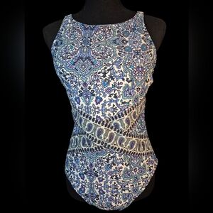 Ellen Tracy Paisley Lattice-Back White/Blk/Blue One-Piece Swimsuit - Size 12